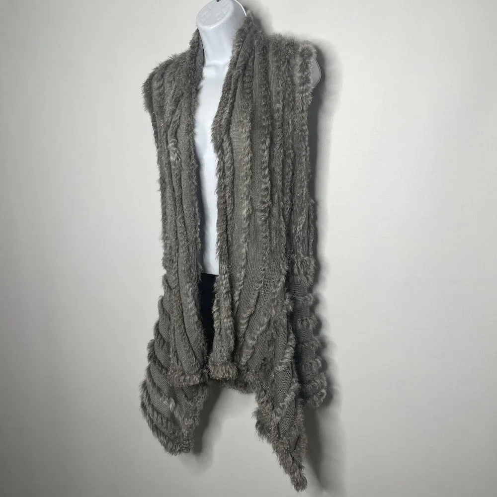 💜 3/$30 Gray Knit Angora Rabbit Fur Asymmetric Open Front Cardigan Sweater - Picture 7 of 8